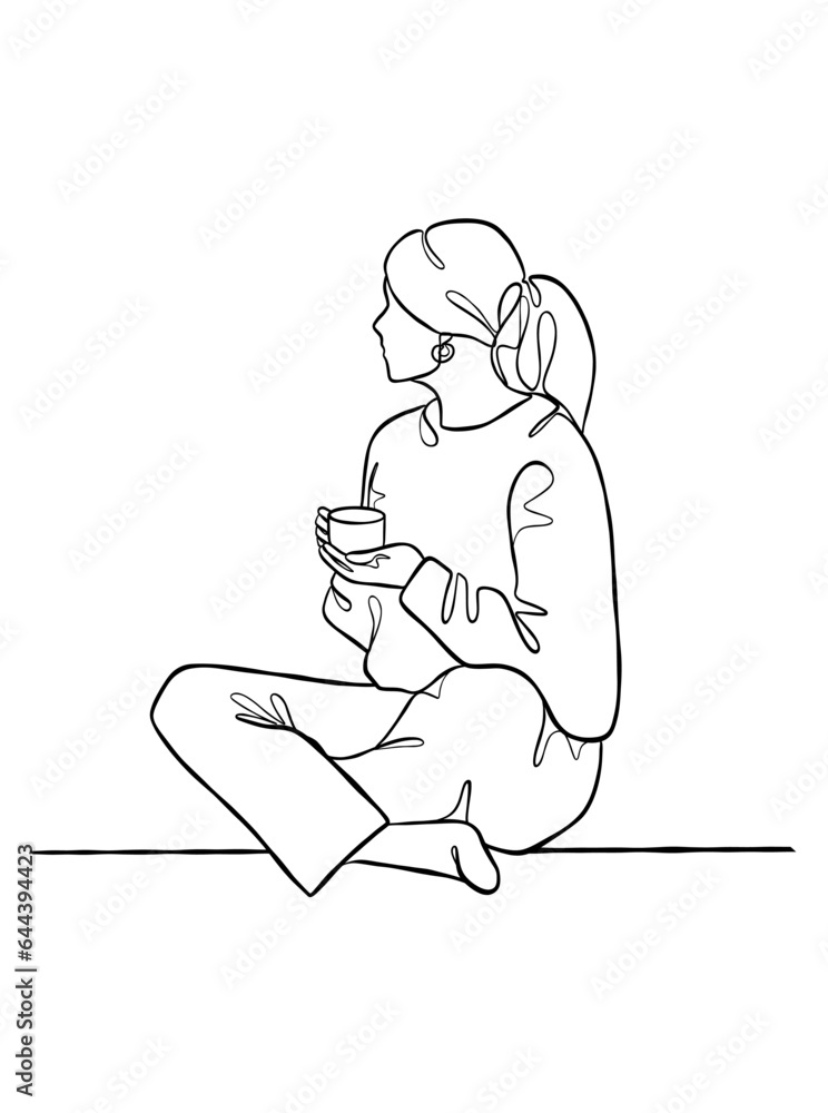 Continuous one line drawing of a woman holding a cup of coffee. Vector illustration. Continuous one line drawing of a woman holding a cup of coffee. Vector illustration.