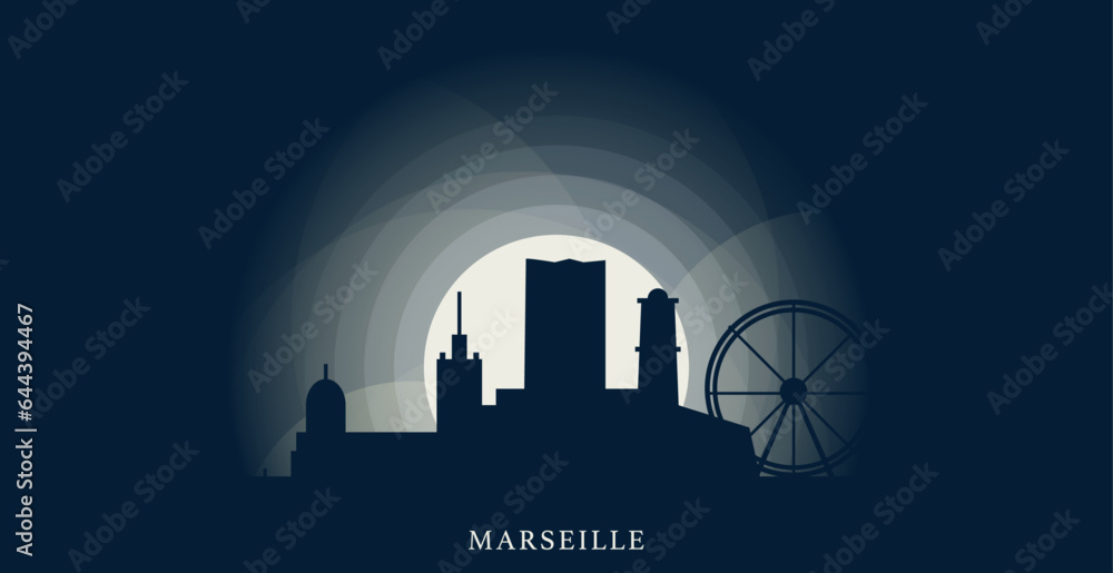 France Marseille city cityscape skyline capital panorama vector flat modern banner art. French Riviera town emblem idea with landmarks and building silhouettes at sunset sunrise night 