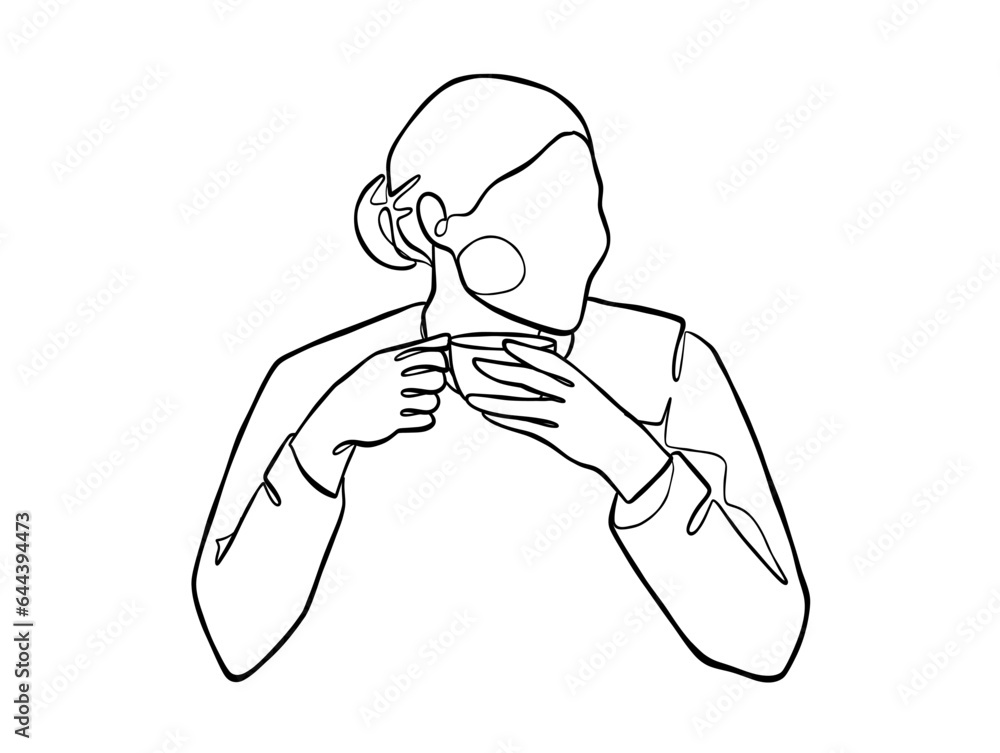 Continuous one line drawing of a woman holding a cup of coffee. Vector illustration. Continuous one line drawing of a woman holding a cup of coffee. Vector illustration.