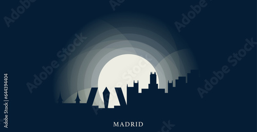 Spain Madrid cityscape skyline capital city panorama vector flat modern banner art. Spanish region emblem idea with landmarks and building silhouettes at sunrise sunset night photo