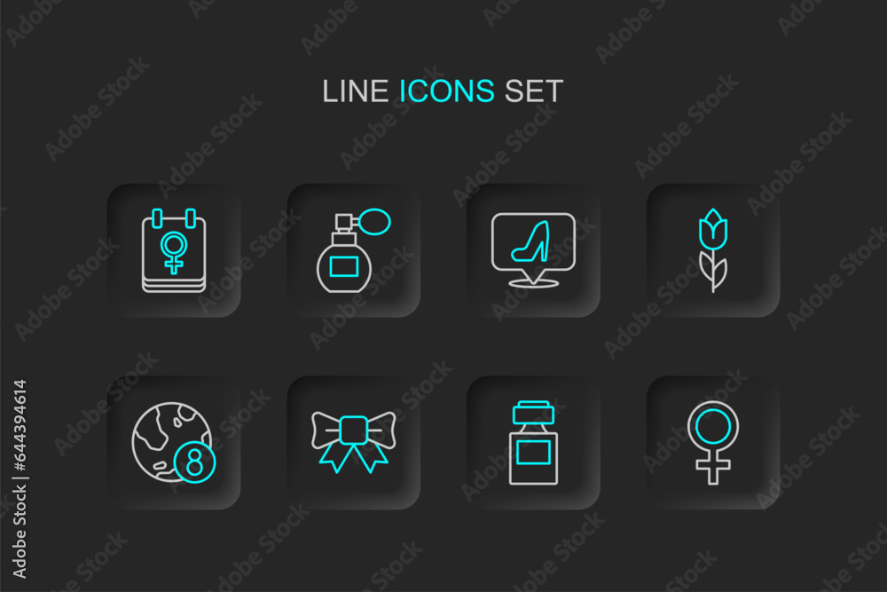 Set line Female gender symbol, Perfume, Gift bow, International Women Day, Flower tulip, Woman shoe, and Calendar with 8 March icon. Vector
