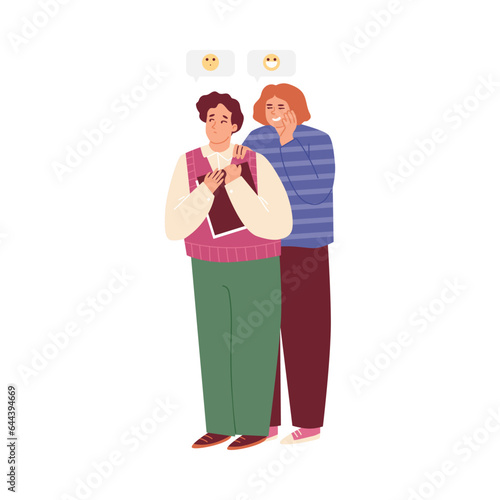 Men gossiping, emoji in speech bubble, flat vector illustration isolated on white background.
