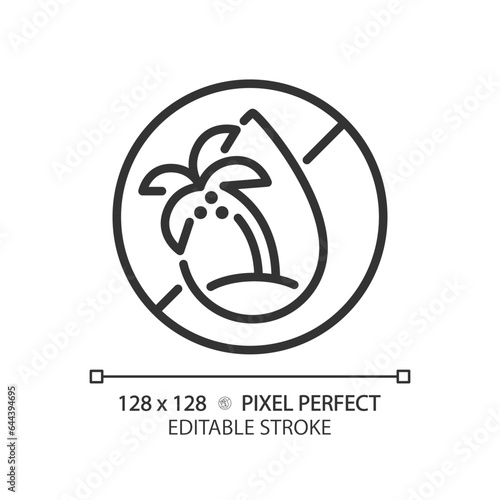 2D pixel perfect editable black palm oil free icon, isolated vector, thin line illustration representing allergen free.