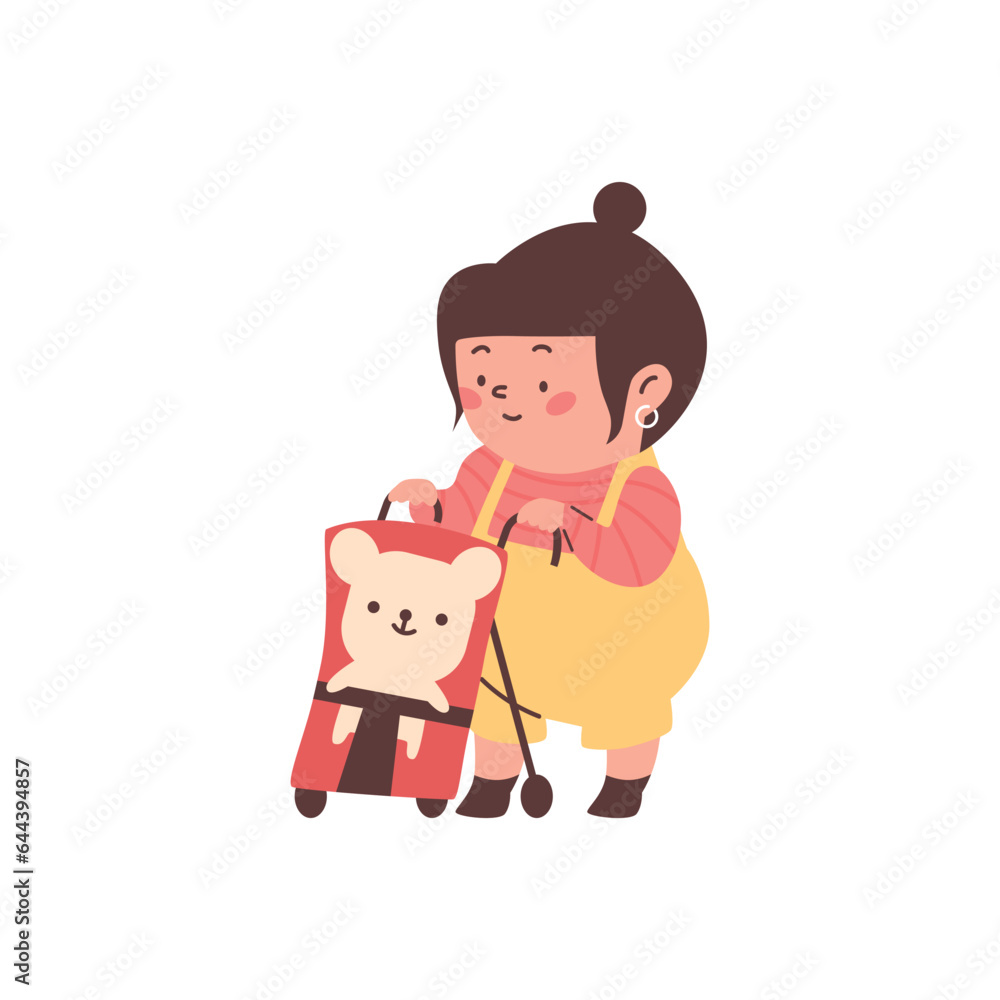 Cheerful little girl plays with stroller and teddy bear, baby playing toys vector cartoon isolated illustration on white Cheerful little girl plays with stroller and teddy bear, baby playing toys vector cartoon isolated illustration on white