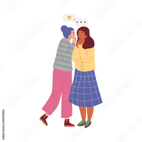 Women whispering in ear and telling gossips, flat vector illustration isolated on white background.