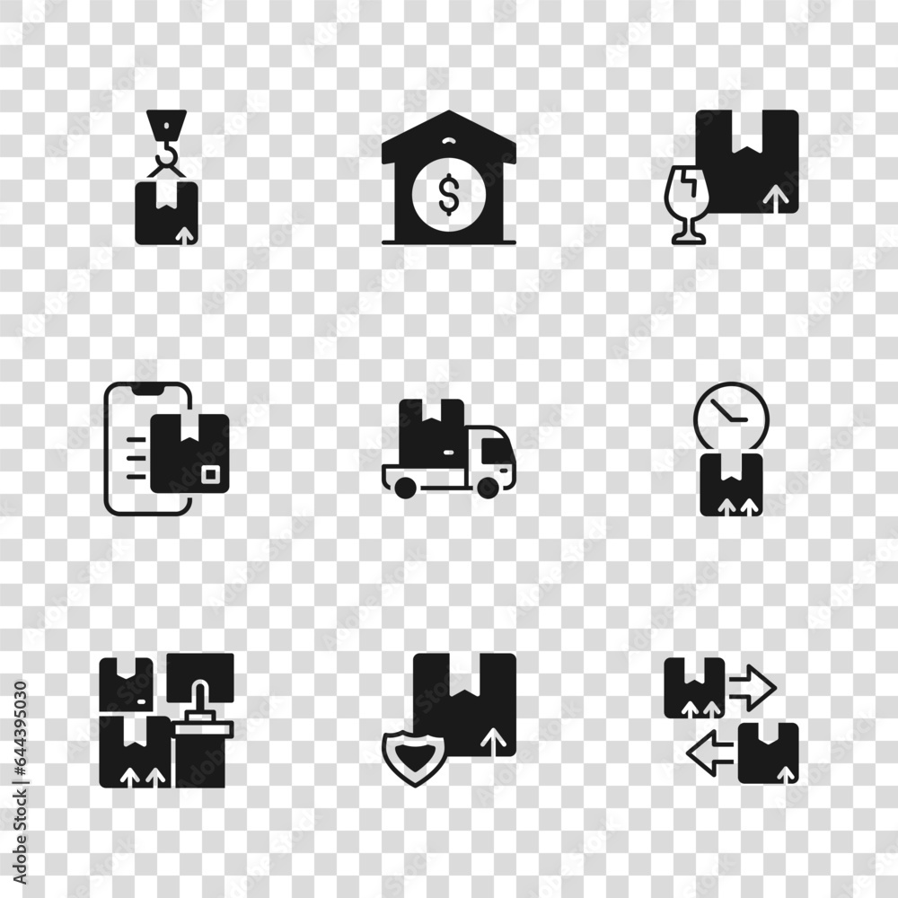 Set Delivery Security With Shield Cardboard Box Clock Traffic Symbol set-delivery-security-with-shield-cardboard-box-clock-traffic-symbol