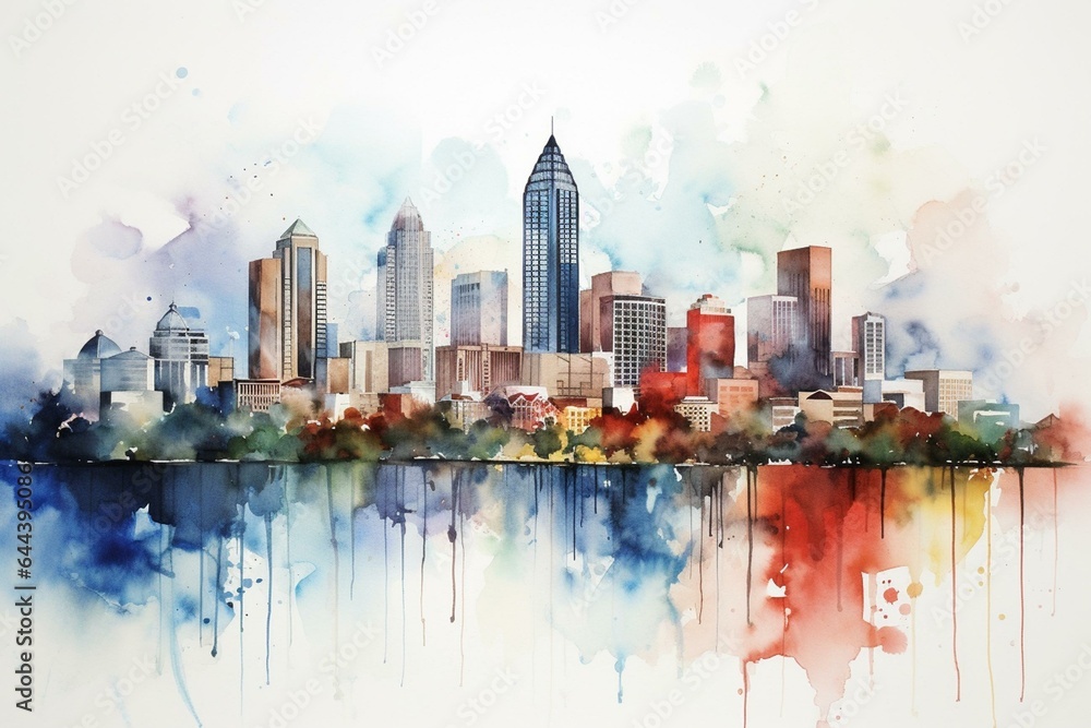 Fototapeta premium Watercolor art print featuring Atlanta skyline. Generative AI