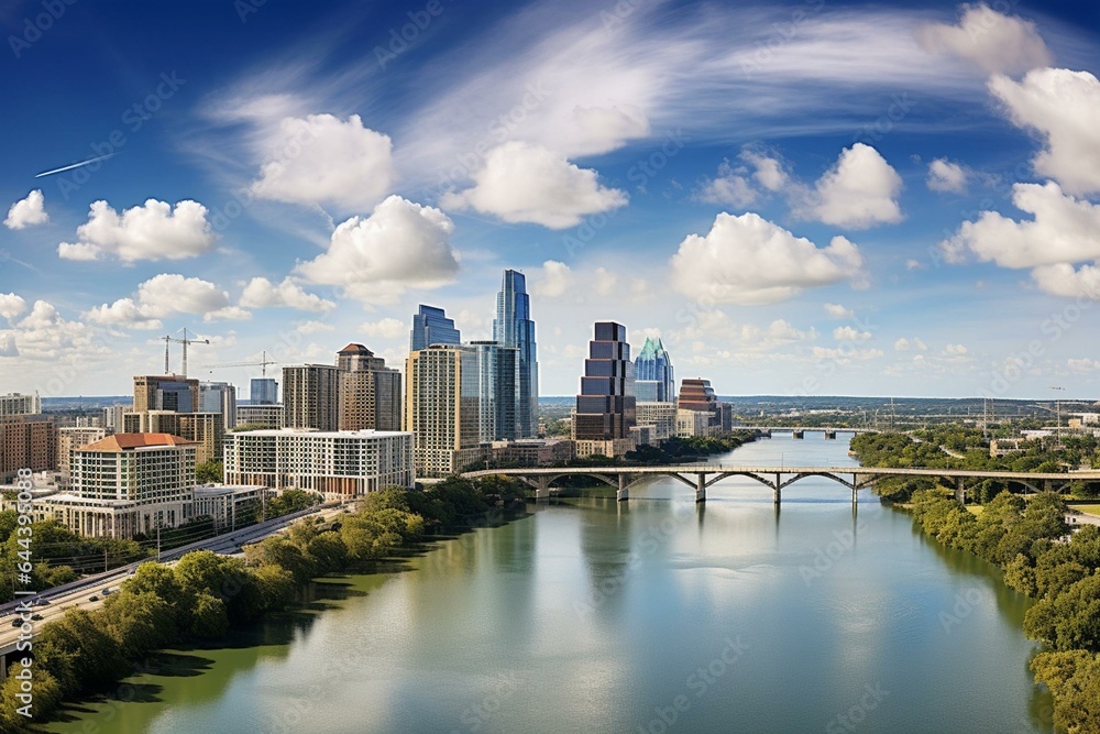Skyline of downtown Austin, Texas, overlooking the Colorado River. Generative AI