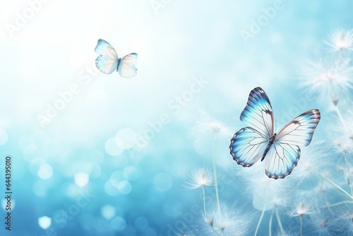 Blue pastel background with Morpho butterfly, dandelion seeds in water droplets, against a sunrise backdrop. Includes copy spaces. Generative AI