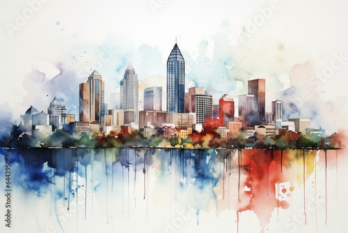 Watercolor art print featuring Atlanta skyline. Generative AI