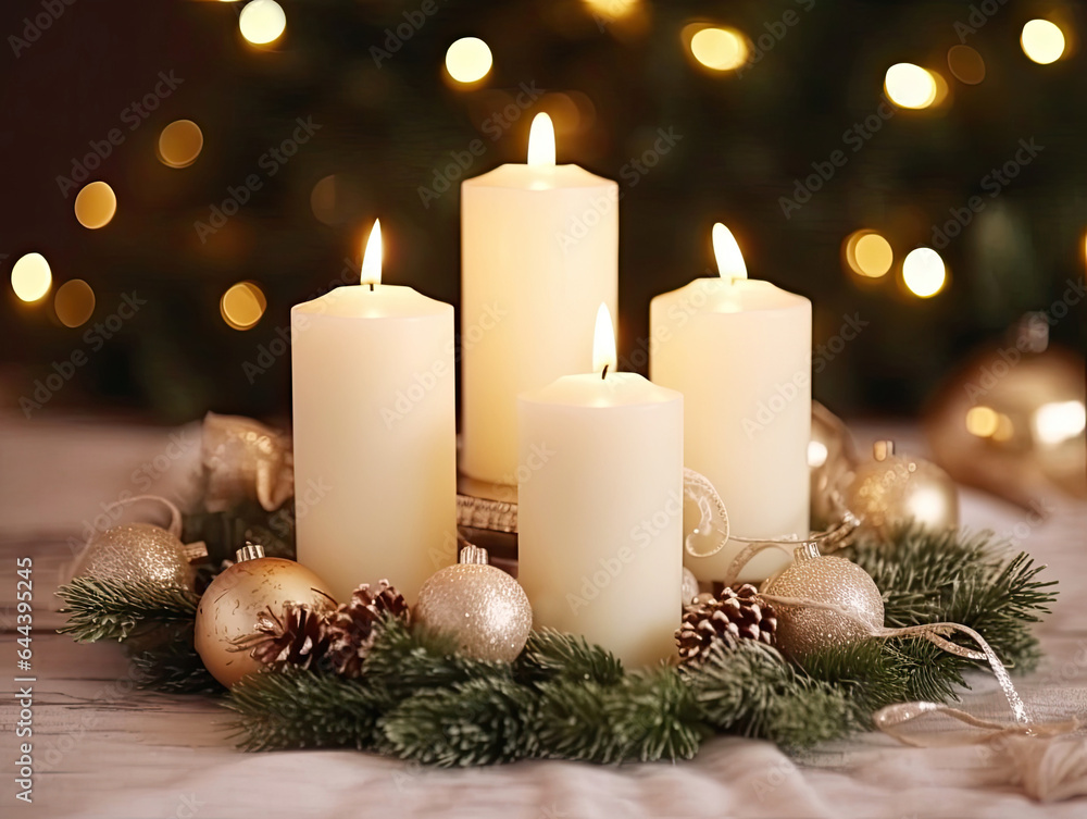 Four white Advent candles within lush evergreen branches. Christmas