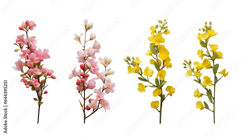 pink red and yellow flowers isolated on transparent background cutout