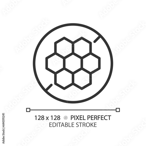 2D pixel perfect editable black honeycomb icon, isolated vector, thin line illustration representing allergen free.