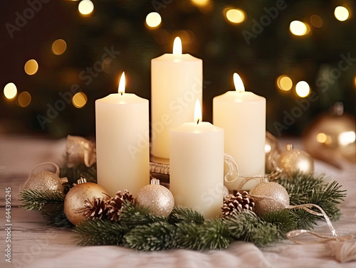 Fotografia Four white Advent candles within lush evergreen branches