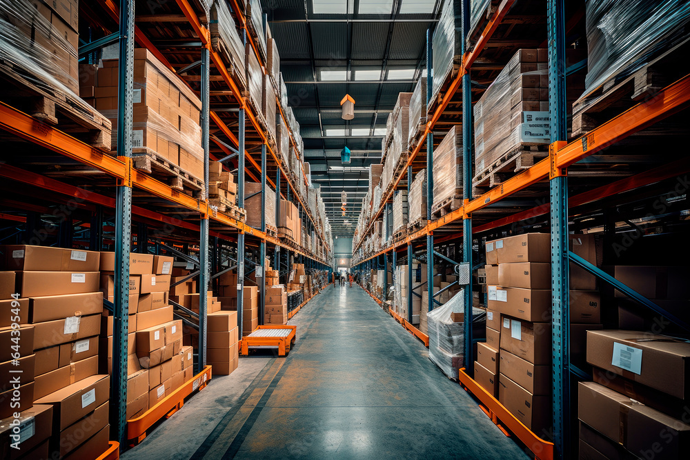 A large warehouse with rows of shelves with boxes, logistics concept A large warehouse with rows of shelves with boxes, logistics concept