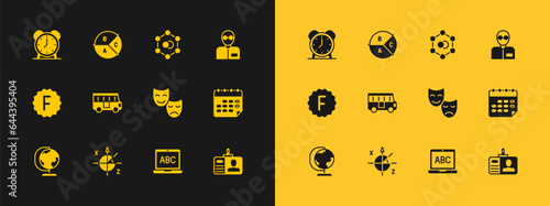Set Teacher, Trigonometric circle, Comedy and tragedy masks, Laptop, School Bus, Molecule, Alarm clock and Pie chart infographic icon. Vector