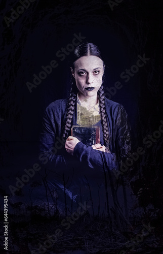 A woman with long braids, with a gothic and dark look, holds an old book in her hands, surrounded by a mysterious and ghostly atmosphere, perfect for Halloween