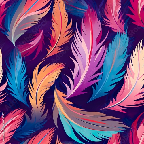 Seamless pattern of colorful feathers on dark background. Created with Generative AI