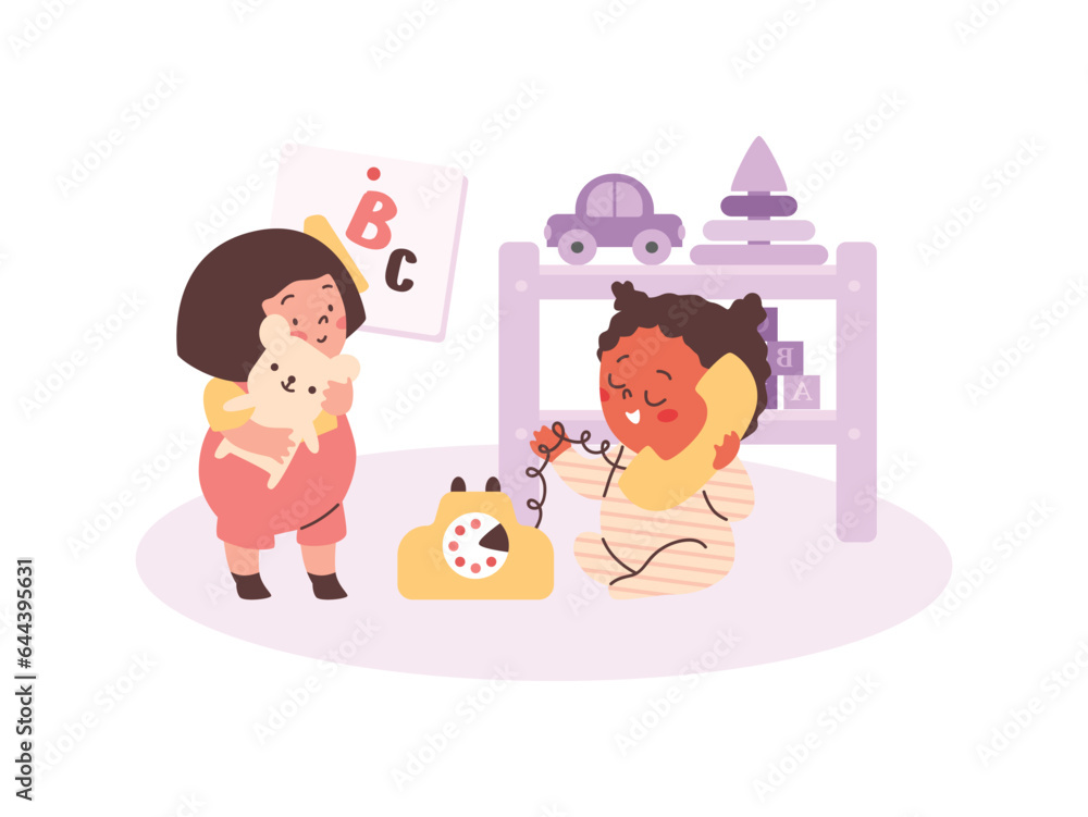 Naklejka premium Cute babies play toys at home or kindergarten flat vector illustration isolated.