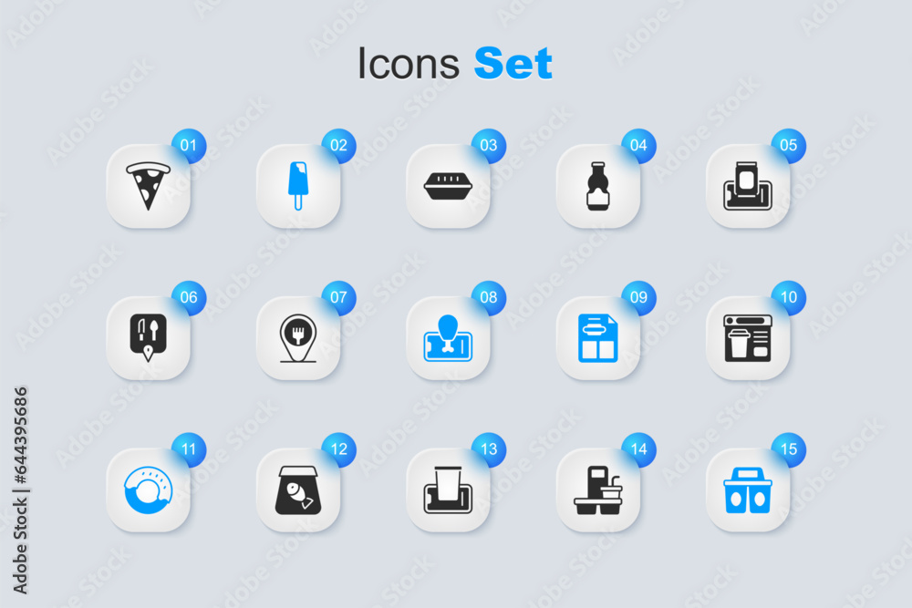 Set Coffee cup to go, Cafe and restaurant location, Ice cream, Donut, Online ordering food, Slice pizza and Food mobile icon. Vector Set Coffee cup to go, Cafe and restaurant location, Ice cream, Donut, Online ordering food, Slice pizza and Food mobile icon. Vector