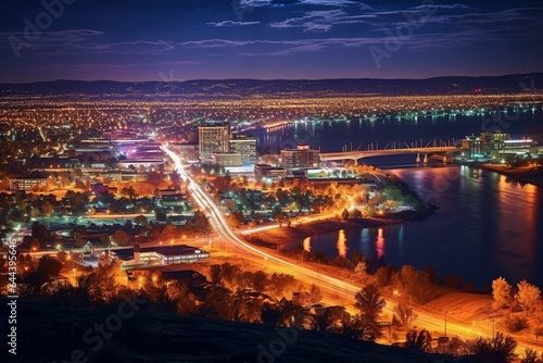 Bright lights stream across nighttime cityscape of Billings, Montana. Generative AI photo