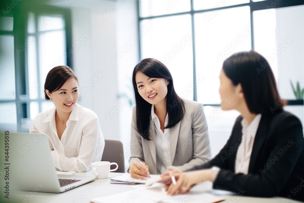 co-workers collaborating in a modern white office, asian businesswoman having a discussion with her team in an office co-workers collaborating in a modern white office, asian businesswoman having a discussion with her team in an office