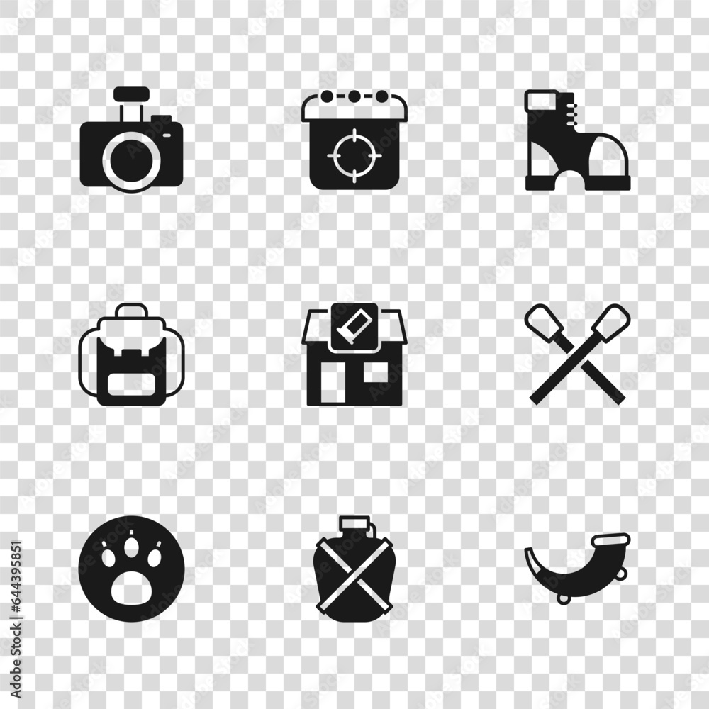 Set Canteen water bottle, Burning match with fire, Hunting horn, shop, Hunter boots, Photo camera, Target sport and Hiking backpack icon. Vector Set Canteen water bottle, Burning match with fire, Hunting horn, shop, Hunter boots, Photo camera, Target sport and Hiking backpack icon. Vector