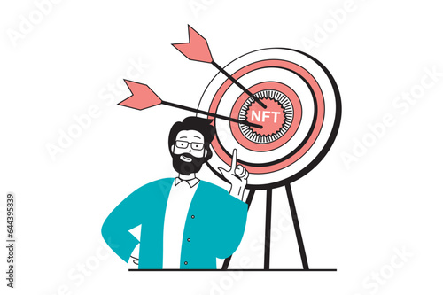 NFT token concept with people scene in flat web design. Man investing crypto money, targeting and buying digital collectible artwork. Vector illustration for social media banner, marketing material.