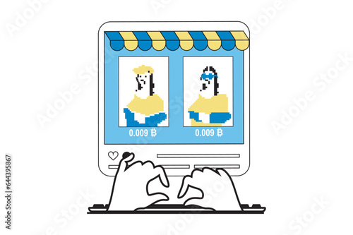 NFT token concept with people scene in flat web design. Digital collectible pictures with non fungible tokens at sales in gallery. Vector illustration for social media banner, marketing material.