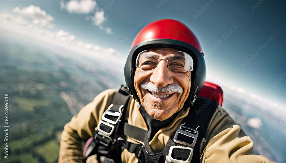 Happy skydiving grandpa with copy space Happy skydiving grandpa with copy space