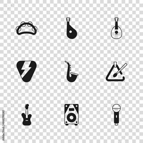 Set Stereo speaker, Triangle musical instrument, Microphone, Saxophone, Mandolin, Tambourine, Bandura and Guitar pick icon. Vector