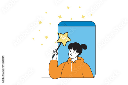 NFT token concept with people scene in flat web design. Women investing money in unique art at online auction and global marketplaces. Vector illustration for social media banner, marketing material.