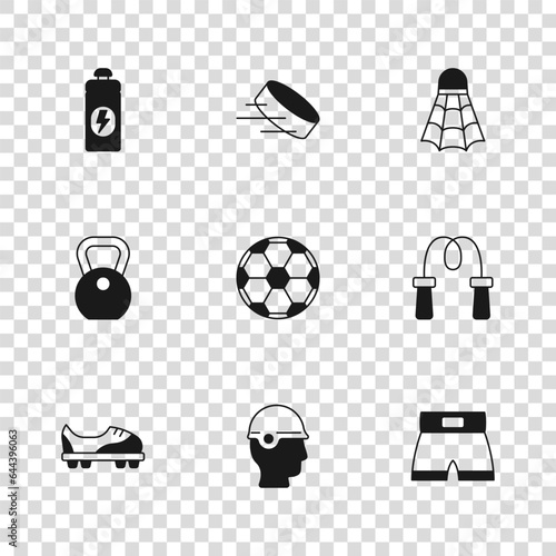 Set Baseball helmet, Jump rope, Boxing short, Soccer football, Badminton shuttlecock, Fitness shaker, Hockey puck and Weight icon. Vector