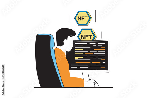NFT token concept with people scene in flat web design. Man investing cryptocurrency in digital art and paying at marketplace auction. Vector illustration for social media banner, marketing material.