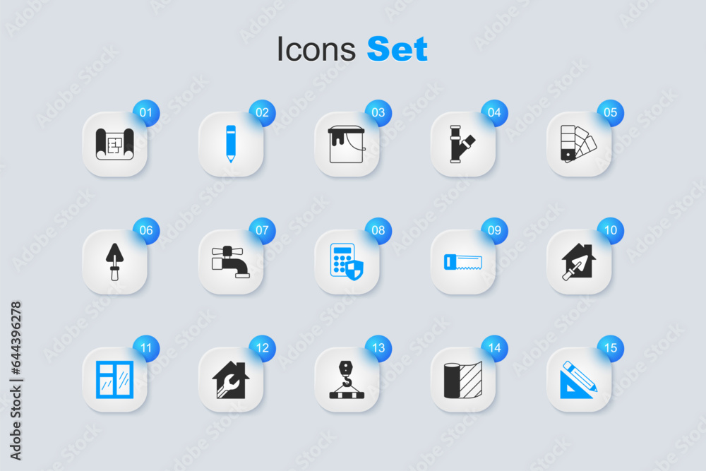 Set Wallpaper, Water tap, Pencil with eraser, Window in room, Triangular ruler and pencil, House trowel, plan and Security keypad access panel icon. Vector Set Wallpaper, Water tap, Pencil with eraser, Window in room, Triangular ruler and pencil, House trowel, plan and Security keypad access panel icon. Vector