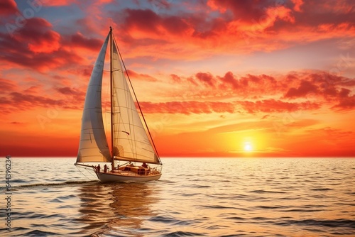 a sailboat is seen departing for the ocean during a beautiful sunset. Generative AI