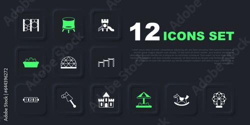 Set Horse in saddle swing, Ferris wheel, Playground climbing equipment, Sandbox with sand, Toy horse, Jumping trampoline and castle icon. Vector