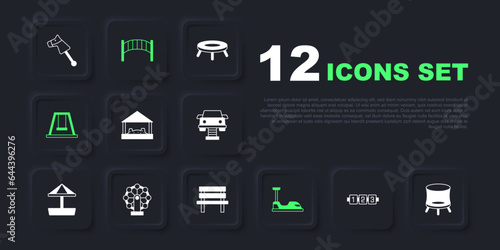 Set Education logic game, Jumping trampoline, Sandbox with sand, Bumper car, Swing for kids, Ferris wheel, Playground bridge and Bench icon. Vector