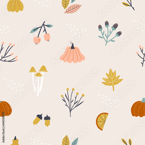Autumn seamless pattern with different leaves, plants and pumpkins