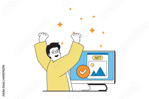 NFT token concept with people scene in flat web design. Vector illustration