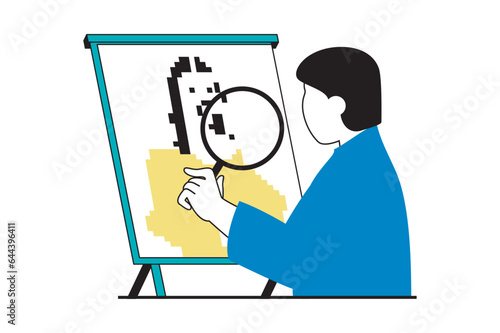 NFT token concept with people scene in flat web design. Man searching digital collectible artworks for buying at virtual auction. Vector illustration for social media banner, marketing material.