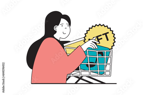 NFT token concept with people scene in flat web design. Woman investing crypto money and making online purchases of digital artworks. Vector illustration for social media banner, marketing material.