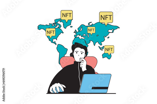 NFT token concept with people scene in flat web design. Man searching digital artworks at global marketplace, investing crypto money. Vector illustration for social media banner, marketing material.