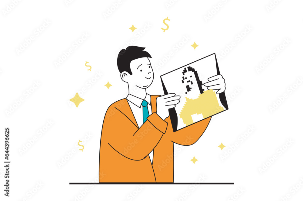 NFT token concept with people scene in flat web design. Man selling collectible digital picture in gallery and earning crypto money. Vector illustration for social media banner, marketing material. NFT token concept with people scene in flat web design. Man selling collectible digital picture in gallery and earning crypto money. Vector illustration for social media banner, marketing material.