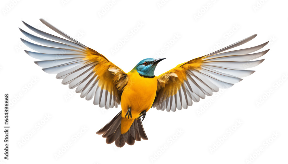 blue yellow flying bird isolated on transparent background cutout