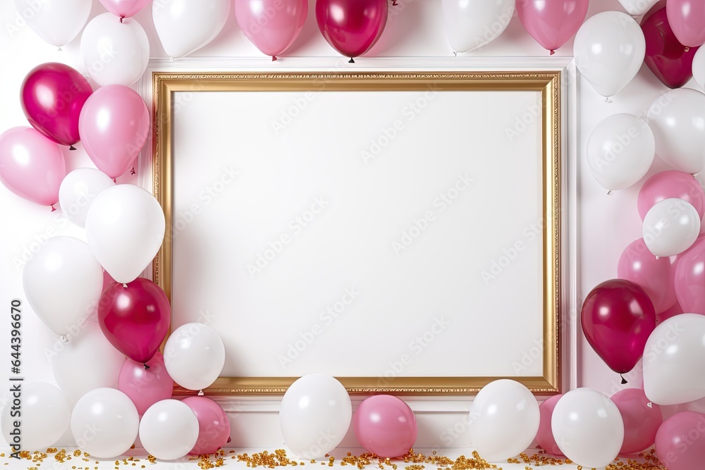 Pink and white balloons around a golden frame on a white background