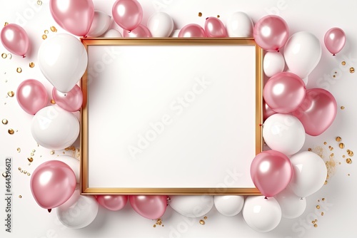 Pink and white balloons around a golden frame on a white background