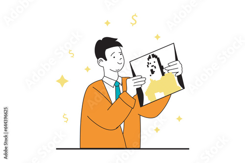 NFT token concept with people scene in flat web design. Man selling collectible digital picture in gallery and earning crypto money. Vector illustration for social media banner, marketing material.