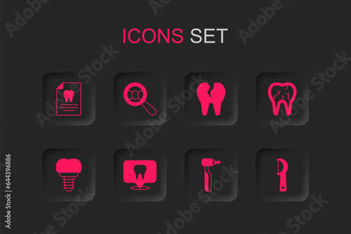 Set Dental clinic location, search, Clipboard with dental card, Tooth drill, Broken tooth, floss, and implant icon. Vector