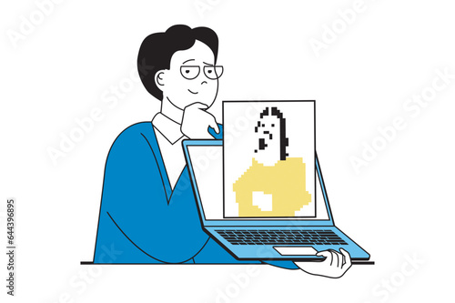 NFT token concept with people scene in flat web design. Man creating digital picture masterpiece and cryptocurrency at marketplace. Vector illustration for social media banner, marketing material.